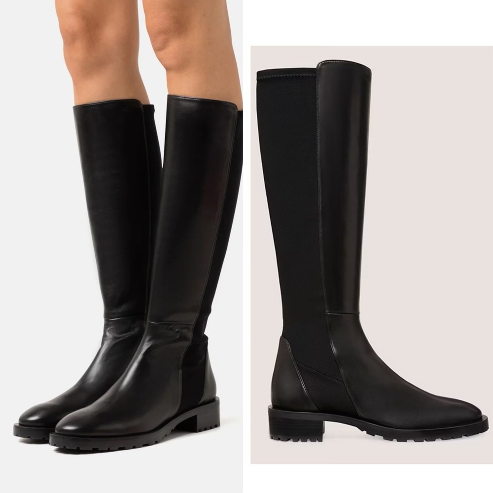 Stuart Weitzman 5050 Women's Knee High Lug Boots Black Leather Stretch Pull On 6